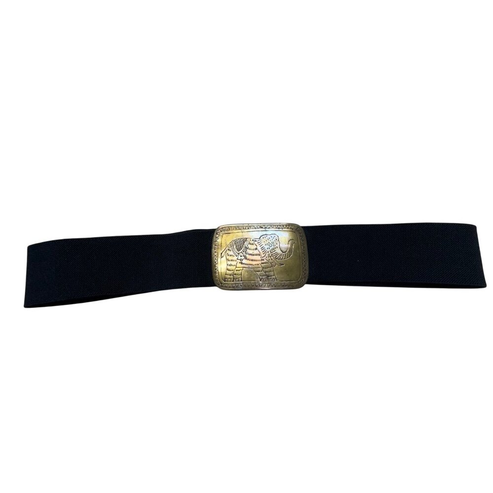 Elastic Black Belt With Brass Elephant Buckle Adjustable Detailed Boho Unique Ha